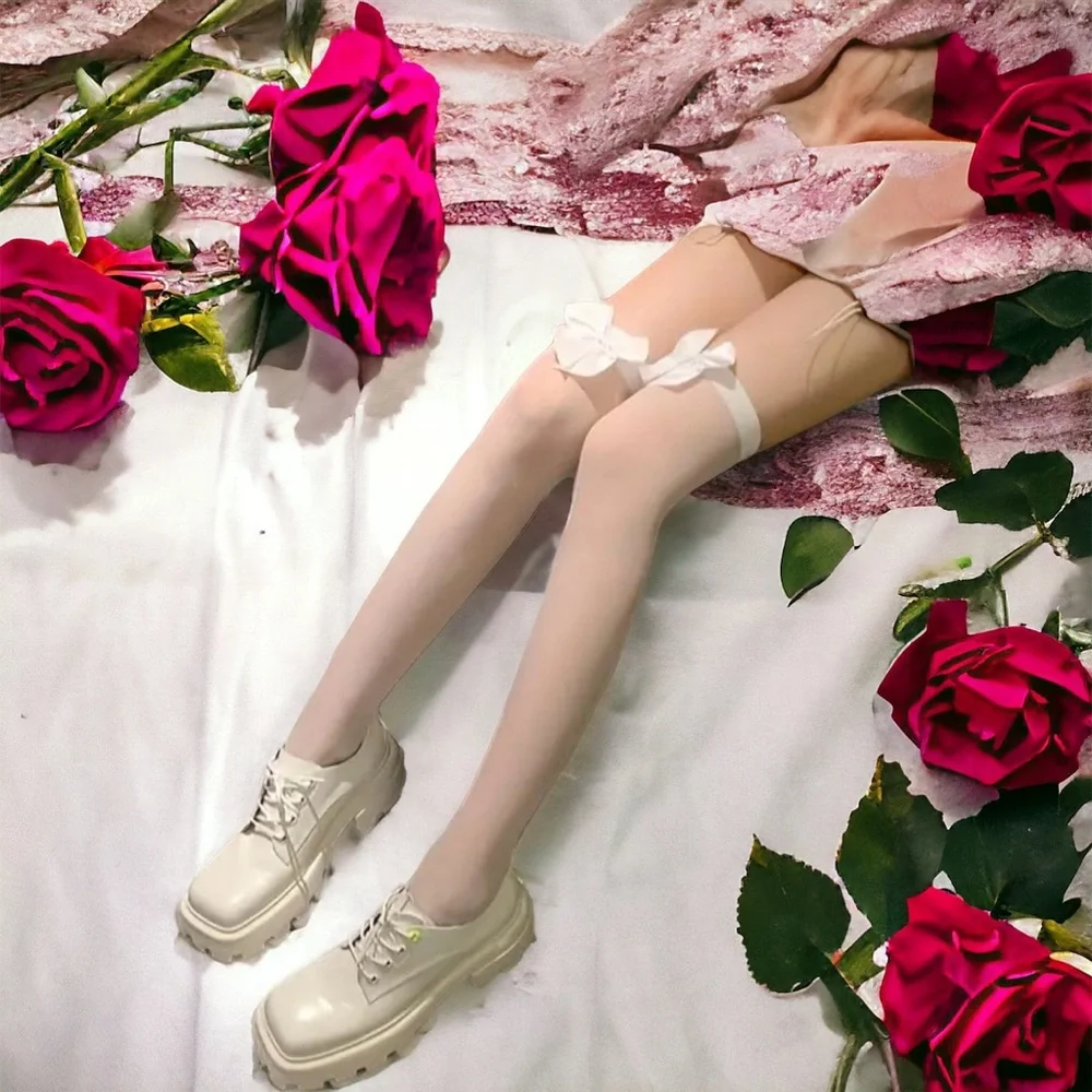 White Bow Thin Light Smooth Over The Knee‎ Socks Women's Stockings  One Size